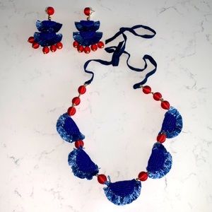 JCrew Red & Blue Bead & Raffia Necklace & Earrings Set EUC